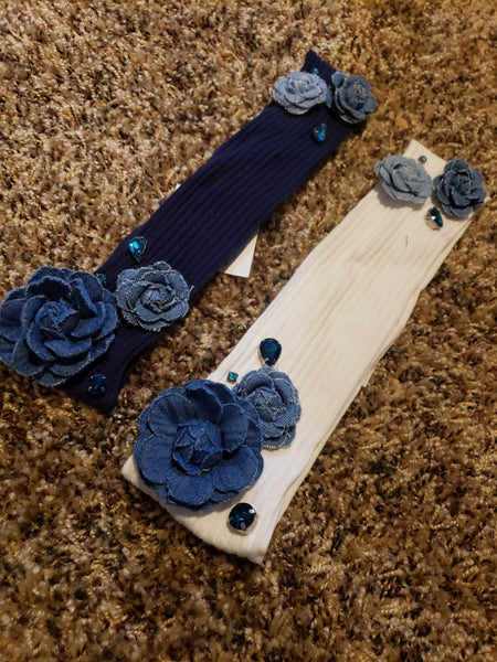THIN RIBBED BAND WITH DENIM FLORAL EMBELLISHMENTS
